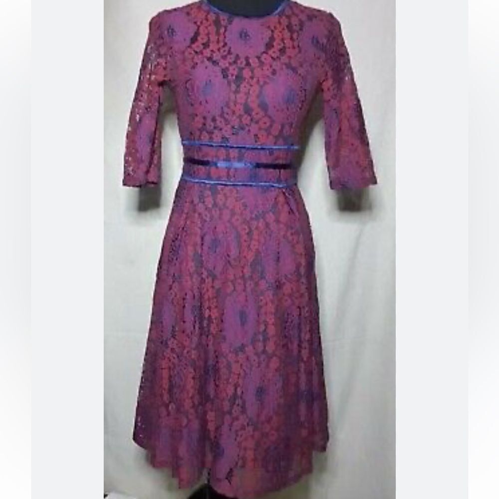MIUSOL red/blue lace lined fit and flare midi dress w/ elbow length sleeves sz M - Picture 8 of 8
